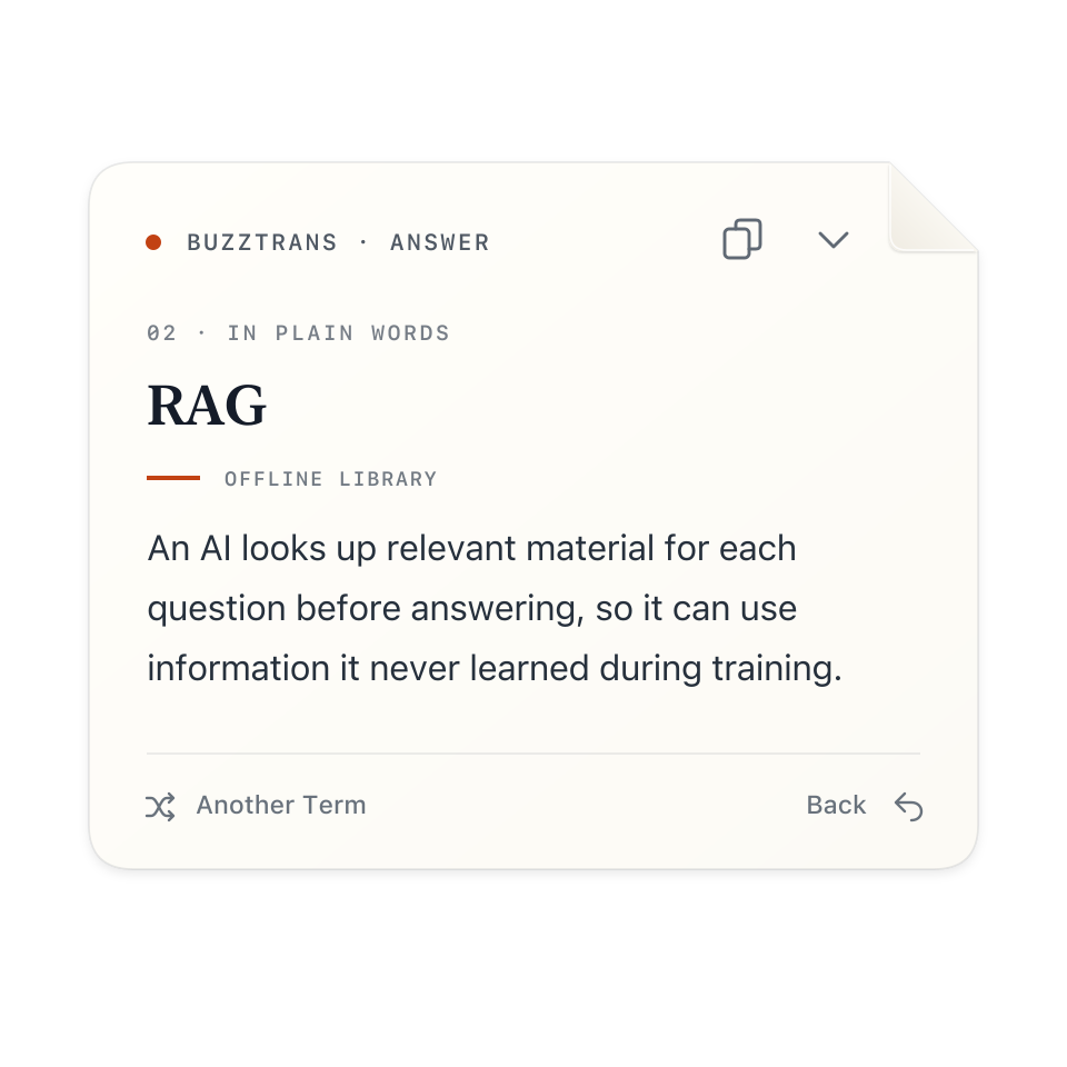 BuzzTrans card illustration explaining RAG, drawn from the App’s design and built-in definition.